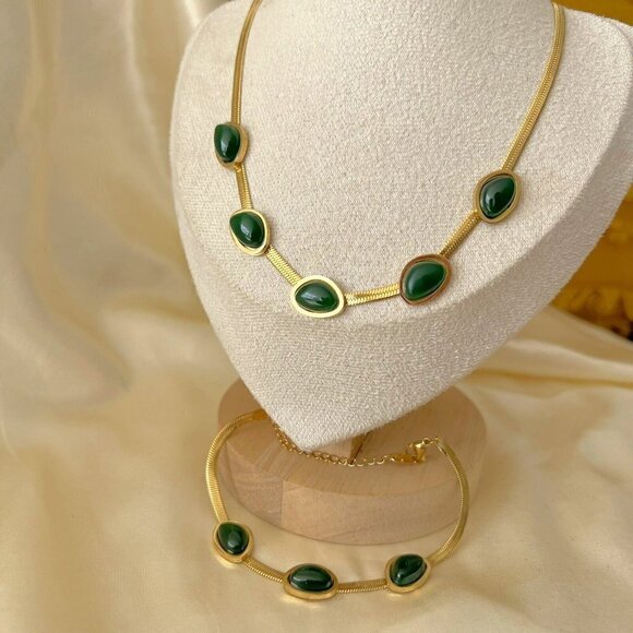 18K Gold Plated green Emerald Necklace SET Stainless Steel womens jewelry green - Picture 8 of 13